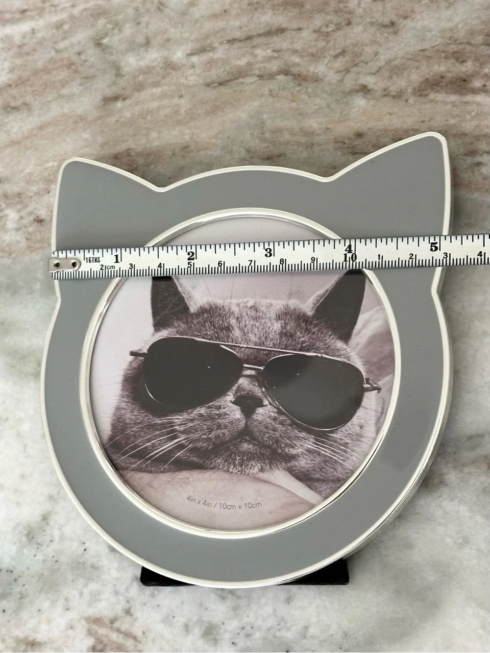 Kitty Cat Ear Shaped Round Picture Frame - Grey & Silver 4x4